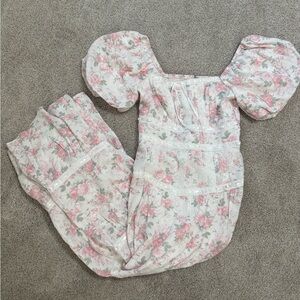 Altar'd State Cream Floral Midi Dress with Pink & Green Print